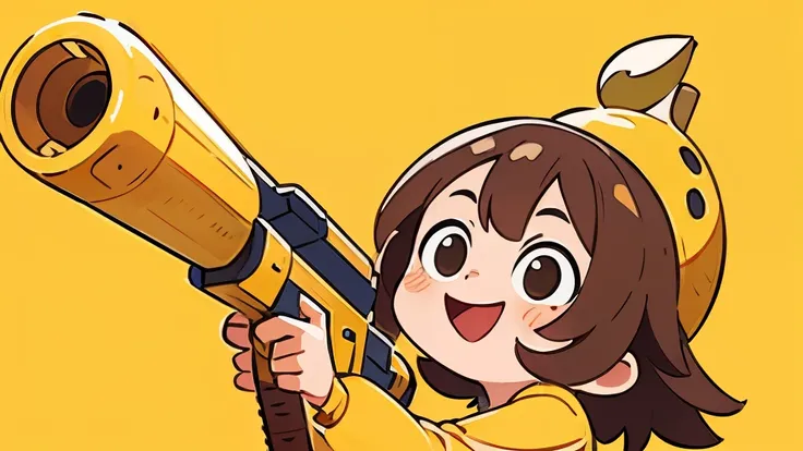 yellow background, high detailed, fornite banana costume, shooting aimlab, guns, bananas, laughing, big eyes, smile, in a close view, front, brown hair