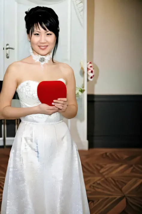 bride with red heart-shaped box in front of white door, chinese female, asian women, hurt my spirit, tomorrow, tranhyeon, frame ...