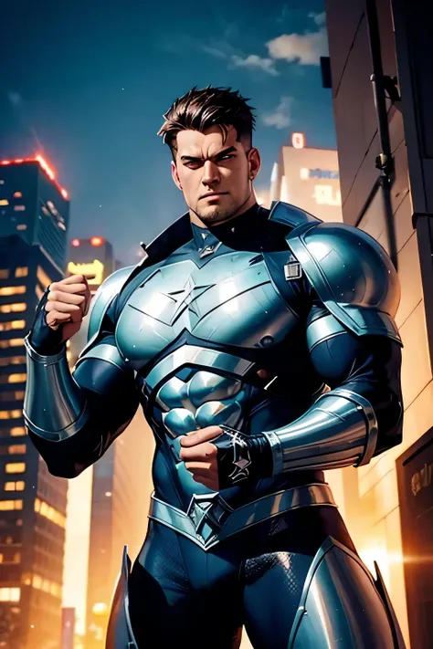 CREATE A MALE SUPERHERO WHO HAS A METAL BODY LIKE COLOSSUS FROM X-MEM AND WHO HAS METAL LAYERS ON HIS SKIN 