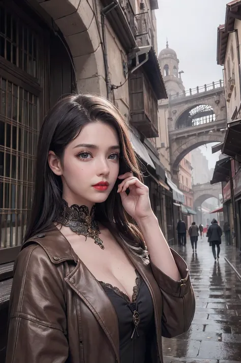 ((masterpiece)),((best quality)),((high detial)),((realistic,))，1girl,
Industrial age city, deep canyons in the middle, architectural streets, bazaars, Bridges, rainy days, steampunk, European architecture,
A mature face，sideways glance, (cold attitude,eye...