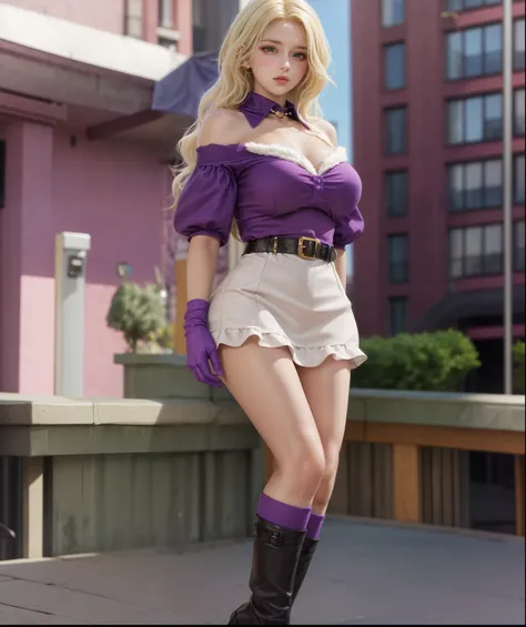 20 year old blonde girl, big breasts, cute, looking at viewer, full body, flirts with camera, bunny hair ornament, soft purple dress, collared shirt, soft purple gloves, short puff sleeves, off the shoulder, soft purple skirt, soft purple boots, thigh high...