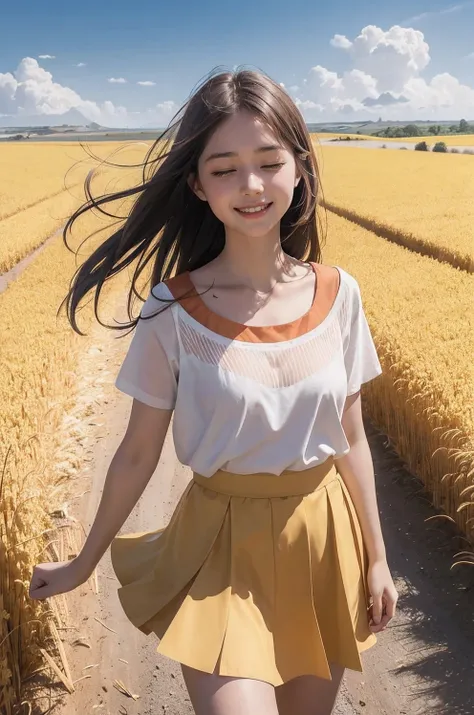 1 girl, brown hair, wearing an orange skirt, face to the blue sky, eyes closed, smiling, surrounded by yellow wheat fields, yellow ginkgo floating in the sky, white clouds floating in the blue sky, cartoon style, high quality, high resolution, look up, thr...