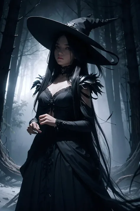 The Skeleton young Witch, flying, epoxy_skull, amidst a black swirling vortex in a dark, mystical forest. A beautiful woman with long hair stands, her figure draped in skeletal armor and an ethereal dress, engulfed by the swirling darkness. The scene is in...