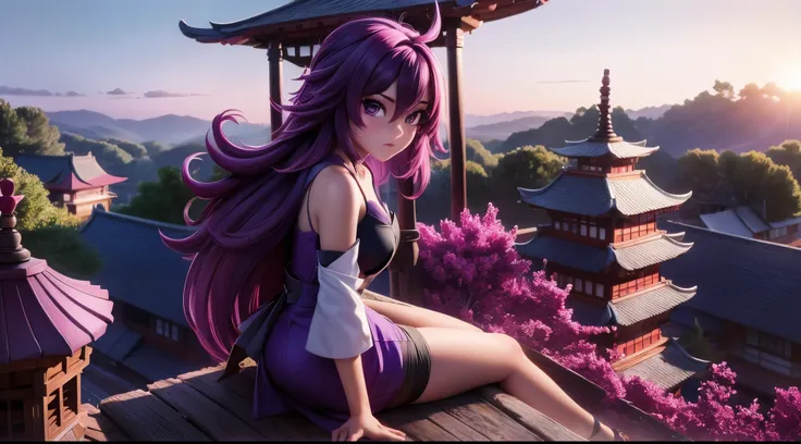 a girl, stylefull purle hair, magenta eyes, by sunrise, view over forest, anime look, sitting on a pagoda rooftop