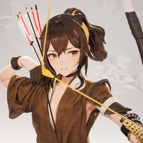 anime - style image of a woman with a bow and arrow, yellow kimono, brown hair, render of april, anime styled 3d, rin, female protagonist 👀 :8, fox nobushi holding a naginata, render of a cute 3d anime girl, katana zero video game character, anime girl wit...