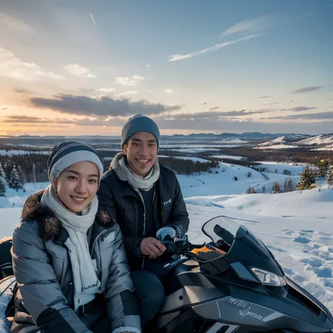 Generate IMG, ((8K, RAW Photos, Photography, Photorealistic, Highest Quality, Intricate Details)), Medium shot, of A 25 year old Korean man (light white skin, Ideal body, fit body, medium hair, wearing a winter jacket blue with a flat cap, riding (Snowmobi...