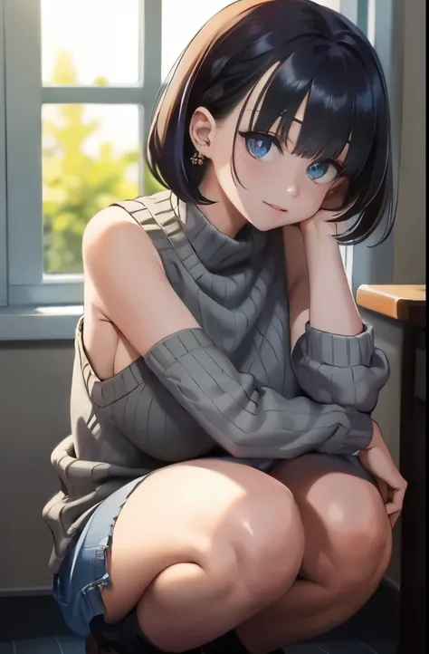 beautiful, (masterpiece:1.2), (best quality:1.2), perfect eyes, perfect face, perfect lighting, 1girl, black hair, bob cut, hair covering one eye, grey sleeveless sweater, look at the viewer, (wide angle:0.8)
,squatting,arms up,