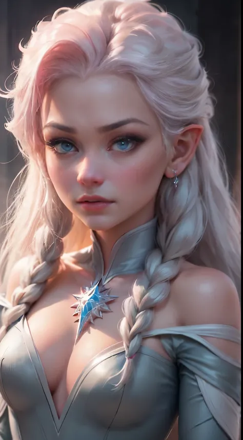 Elfgirl (rose quartz SU-Elsa frozen Disney  mezclando modelos .) (ultra FUSION of white and pink hair) Highly detailed CG unity 8k wallpaper, style shot, complex, high detail, dramatic, highest quality movie still image, very detailed, masterpiece, best qu...