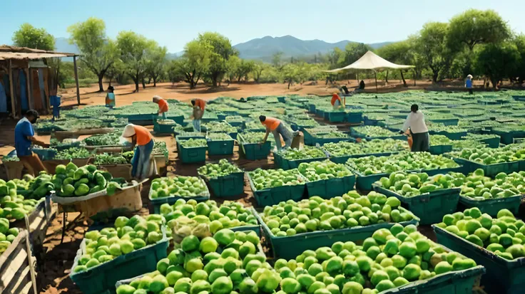 um grupo de pessoas trabalhando em um campo com caixas de frutas, Description, imagem impressionante, tendendo ，, idyllic and fertile land, by Fernando Gerassi, Arizona, por Edwin Georgi, manga, por William Berra, fruit trees, california;, por Tadashi Naka...