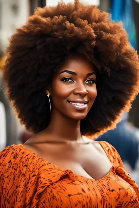 A black African woman with an afro hairstyle is standing on the street. She has a confident and powerful presence, with her expressive eyes and captivating smile drawing attention. Her body is curvaceous and full-figured, with big breasts and a thick physi...