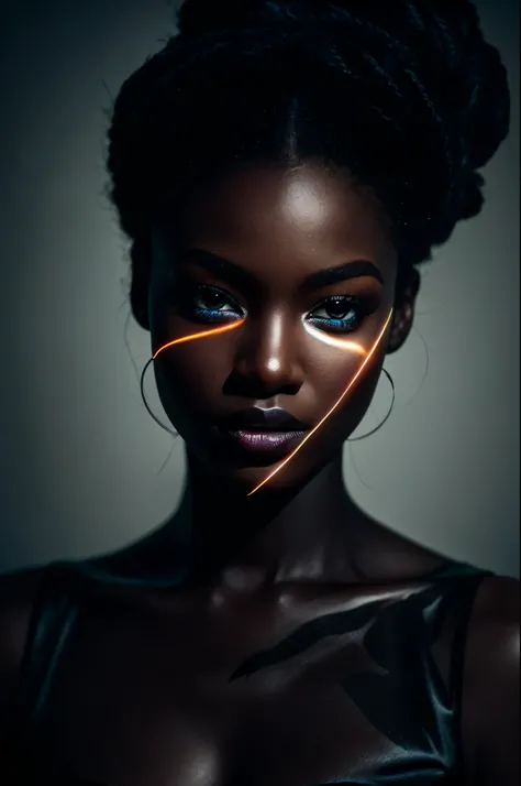 Midnight-toned portrait captures a black woman blending into an equally dark background, her silhouette barely distinguishable as only her eyes catch a glint of light, creating a mysterious allure, side-lit, with a high contrast between light and shadow, c...