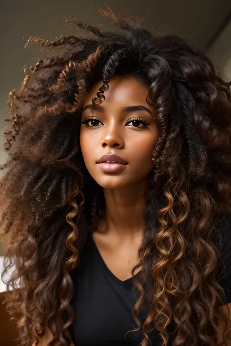 Best quality, beautiful black and Asian mixed girl, brown skin, long wild curly Afro hair, natural face, no makeup