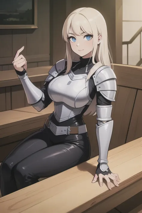 ((Best quality)), ((Masterpiece)), (detailed), perfect face perfect figure, girl knight, Middle Ages, girl in knight&#39;s armor and leather clothes, blonde with blue eyes, Girl with white hair, girl with blue eyes