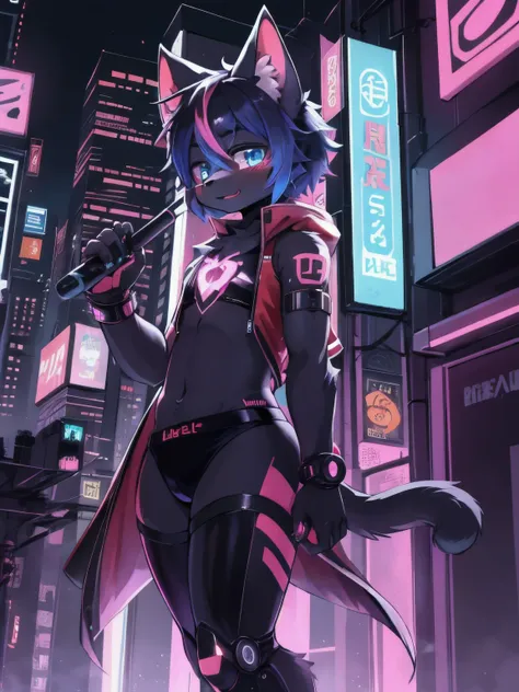 masterpiece, perfect anatomy, solo, 1boy, Furry, kemono, furry cat, anthropomorphic, male, dark fur, dark skin, blue eyes, femboy, cyberpunk clothes, revealing clothes, cyberpunk city, strip club, uploaded on e621, Cyberpunk technology. cybernetics, glowin...