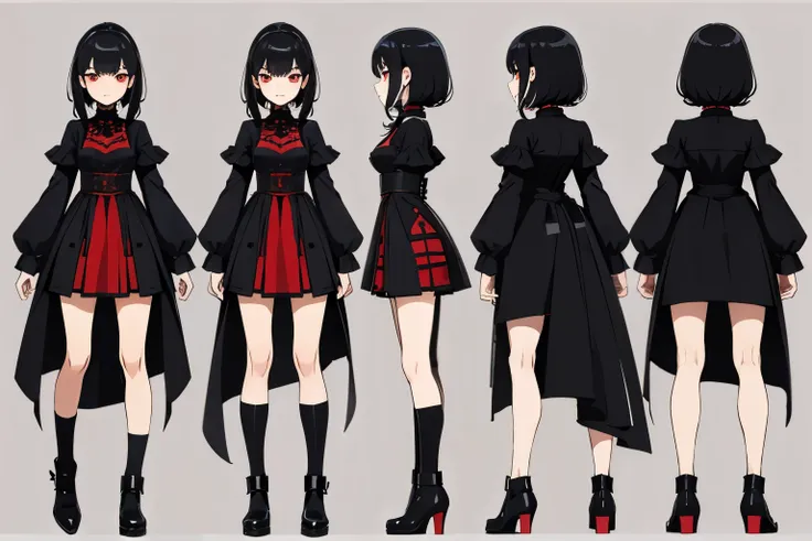 pose model sheet, black hair, red eyes, looking forward, best quality, masterpiece, anime girl, adult, dress black, goth