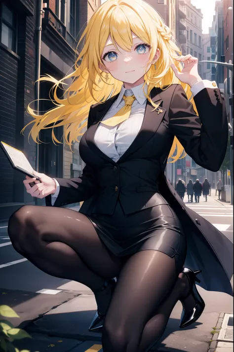 area yase, catalyst, yellow hair,long hair, blue eyes,smile, big breasts , ol, end, black suit jacket, collared jacket, white dr...