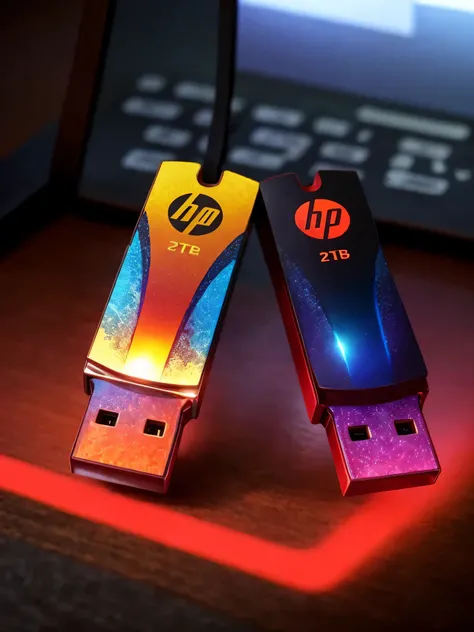 A USB stick rests on the smooth-textured wooden office desk in a computer room. The picture is clear (Afiado: 0.7) and displays a colorful explosion of psychedelic paints (cores: 1.21), with incredible details. Na mesa, Accessories include the Nikon D850 w...