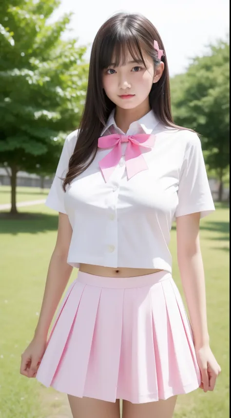 masterpiece,big oppai, school uniform,white shirt, check short skirt, pink ribbon、14 years old、