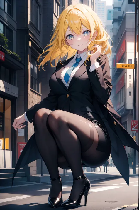 area yase, catalyst, yellow hair,long hair, blue eyes,smile, big breasts , ol, end, black suit jacket, collared jacket, white dr...