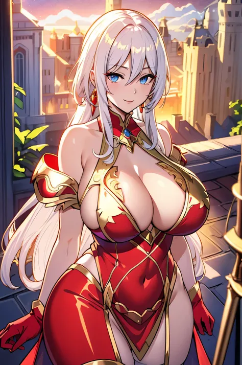 Lian, long white hair, hair stick,bangs,blue eyes, solo, smiling, standing, upper body, hips, bare shoulders,purple thighhighs,red dress, gold jewelry,armor,gloves,circlet, cleavage, red and gold royal castle, gigantic breasts, (best quality, masterpiece, ...