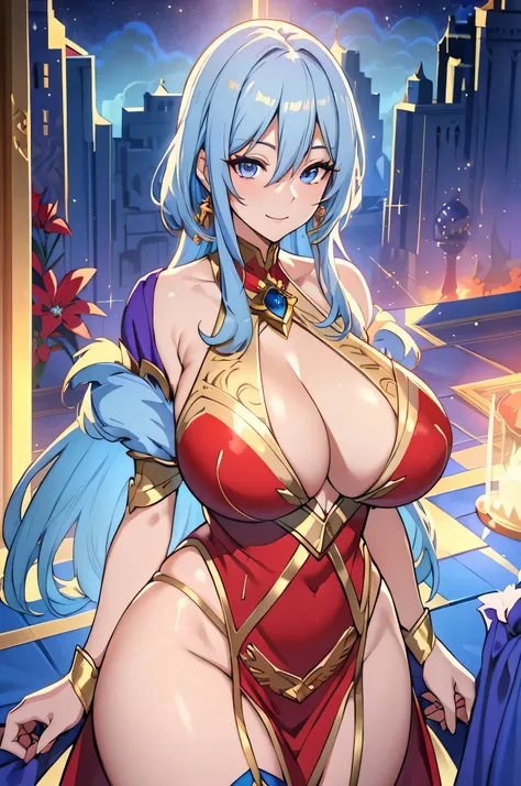 Lian, light blue hair, hair stick,bangs,blue eyes, solo, smiling, standing, upper body, hips, bare shoulders,purple thighhighs,red dress, gold jewelry,armor,gloves,circlet, cleavage, red and gold royal castle, gigantic breasts, (best quality, masterpiece, ...