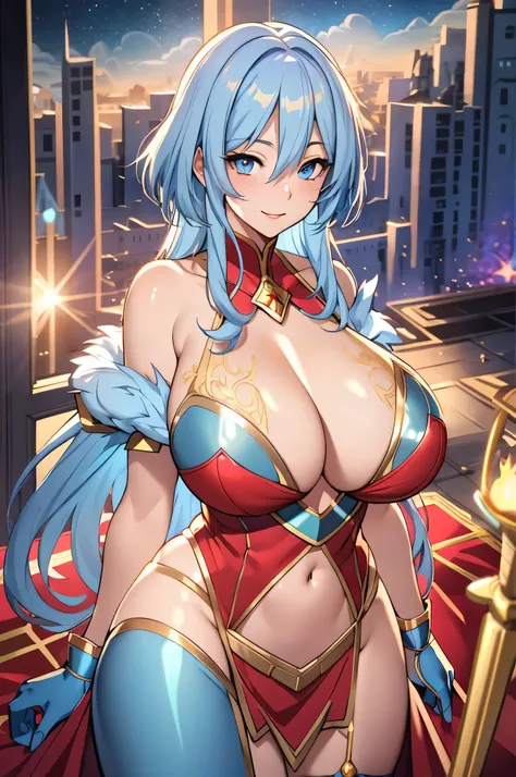 Lian, light blue hair, hair stick,bangs,blue eyes, solo, smiling, standing, upper body, hips, bare shoulders,purple thighhighs,red dress, gold jewelry,armor,gloves,circlet, cleavage, red and gold royal castle, gigantic breasts, (best quality, masterpiece, ...