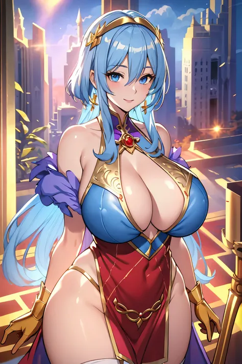 Lian, light blue hair, hair stick,bangs,blue eyes, solo, smiling, standing, upper body, hips, bare shoulders,purple thighhighs,red dress, gold jewelry,armor,gloves,circlet, cleavage, red and gold royal castle, gigantic breasts, (best quality, masterpiece, ...