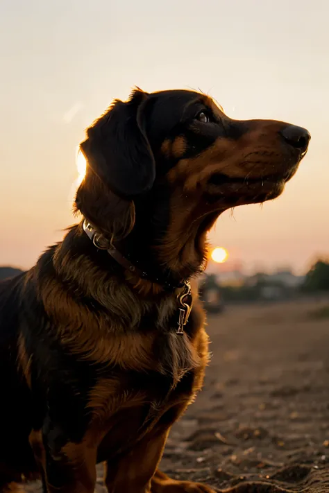 dog dachshund, fron below, side view, golden hour, 35mm lens