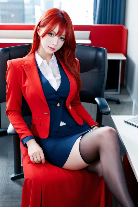 sexy female boss in the office, sitting in a chair at the table. she is wearing a strict red business suit and skirt. Stockings are visible in the cut of the skirt. .... She looks tenderly. She has blue eyes and red hair.