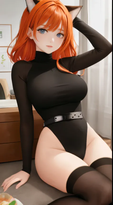 mother, Masterpiece, Best quality, ultra detailed, Beautiful lighting, 1 girl, Orange hair, cat ear, Green eyes, freckles, turtleneck top, I&#39;m looking at the viewer, detailed black stockings with belt, juicy ass
