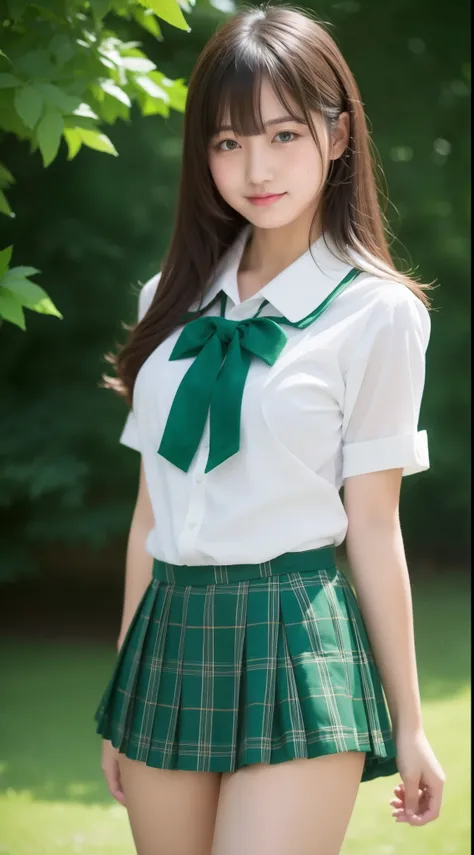 masterpiece,big oppai, school uniform,white shirt, emphasize the thighs, white thighs, soft thighs, Gorgeous thighs,green plaid short skirt, green ribbon、14 years old、
