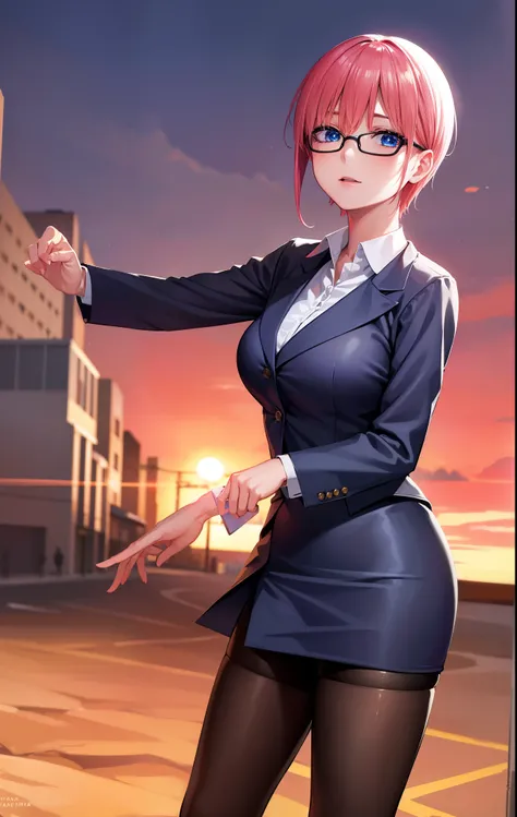 ichikanakano, ichika nakano, short hair, bangs, blue eyes, hair between eyes, smile,pink hair, big breasts , OL, red glasses, end, black suit jacket with open front, white dress shirt, collared shirt, neckline, button, strap,morning日,morning, black pencil ...