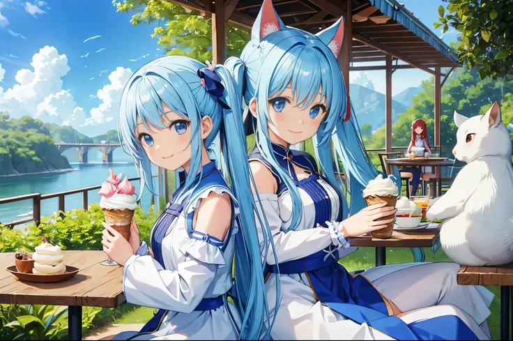 light blue long hair、18 year old girl with twin tails、blue sky、Orchid、Eat a big ice cream at a cafe full of orchids in a beautiful orchid garden.、There are also chibi characters.、the squirrel is watching the girls、Friends of the forest are watching over th...