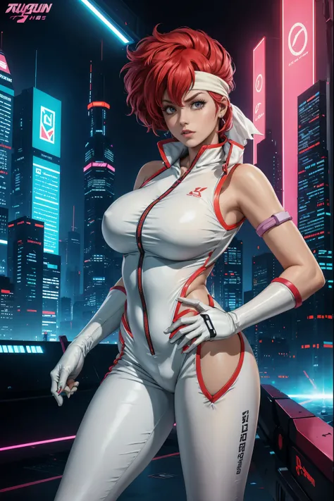 best quality,ultra-detailed,portrait of Kei from The Dirty Pair,realistic,animesque, vibrant colors,bold and dynamic pose,powerful expression,beautiful detailed eyes,intense,sharp focus,medium:anime style,short red hair,wearing her signature white jumpsuit...