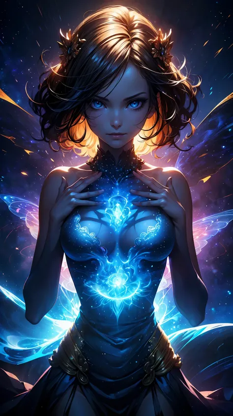 (8k, RAW photo, 最high quality, masterpiece:1.2), High-definition RAW color photo, professional photography, concept art, (((1 goddess))), (detailed), (small face), (high detail skin:1.2), cute face, beautiful appearance, (Hair shining in seven colors, blue...