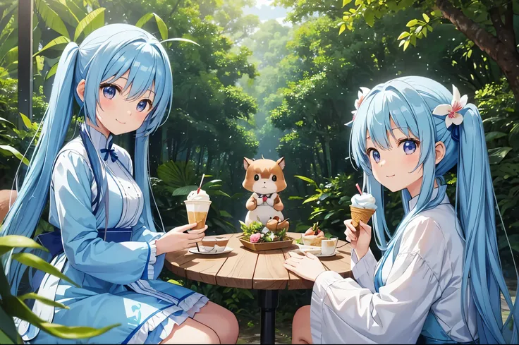 light blue long hair、18 year old girl with twin tails、blue sky、in the forest、Eat a big ice cream at a cafe full of orchids in a beautiful orchid garden.、There are also chibi characters.、the squirrel is watching the girls、Friends of the forest are watching ...