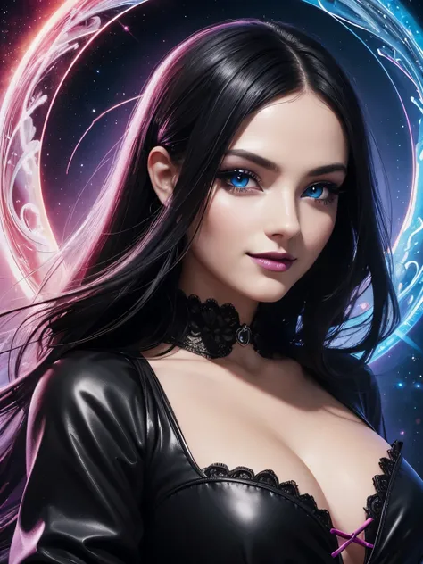 Portrait, beautiful goth woman with black hair and a silky black dress, hourglass figure, symmetrical figure, highly detailed face, beautiful face, calming blue eyes, lush black lips, smiling, alluring, stunning digital illustration, cosmic fantasy backgro...