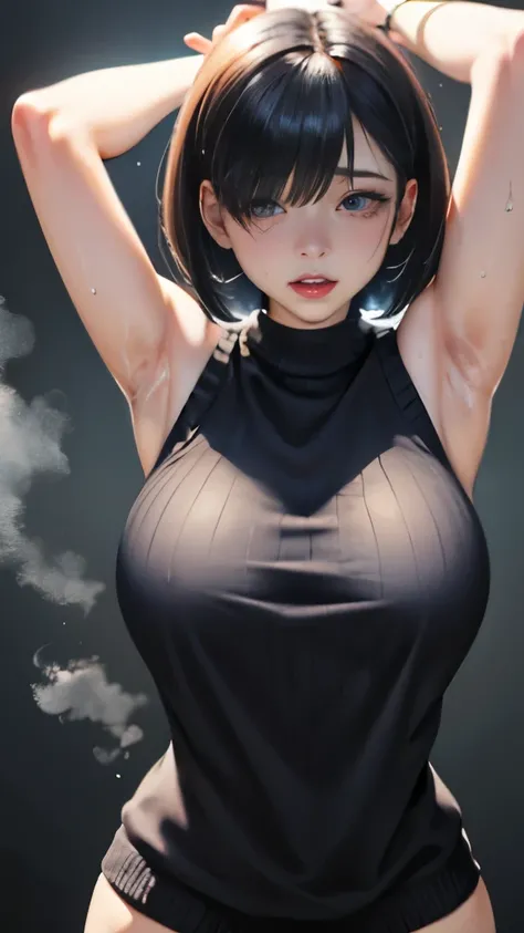 beautiful, (masterpiece:1.2), (best quality:1.2), perfect eyes, perfect face, perfect lighting, 1girl, black hair, bob cut, hair covering one eye, grey sleeveless sweater, look at the viewer, (ahegao:0.5, wide angle:0.8),arms up, ((steam,sweat)),sexy stand...