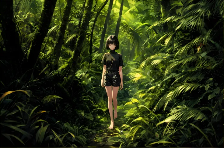 2.5D, 1girl, solo, slim, black hair, bob cut, bangs, black eyes, closed mouth, black shirt, short sleeves, turtleneck, black sweat short, bare legs, barefeet, walking, trees, grass, jungle forest, foggy, warm colors, ambient lighting, masterpiece, high det...