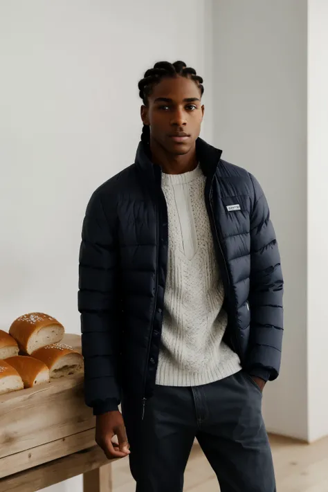 A black man, 25 years old, with a chiseled chin and straight nose, wearing white as snow braids that cascaded down to his shoulders, and striking nordic blue eyes. He was dressed in a puffer jacket, simple and functional, as he stood in an empty room, look...