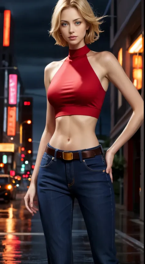 maryms, Best Quality,(beauty),masterpiece,  1girl,ultra highres,narrow waist, skinny,big eyes,long legs,(small breasts),puffy eyes, night,(rainy city), shiny skin, facing viewer, relaxed stance, firm expression, halter red tshirt, tight blue jeans