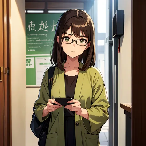 A 20-year-old,cool,beautiful,female university student with a Japanese father and a German mother.  She has a strong and serious personality.  she is wearing glasses.  She has brown hair and emerald eyes.  1960,young lady,