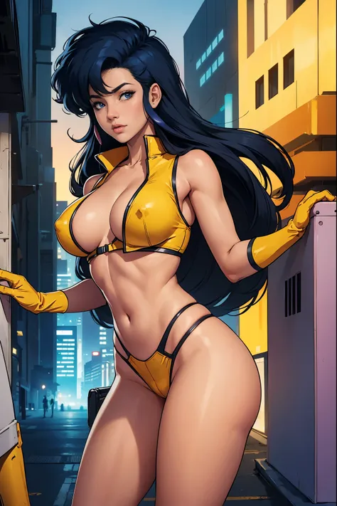 Yuri from The Dirty Pair wearing a skimpy yellow outfit, cleavage, Asian beauty, long black hair, cyberpunk city background