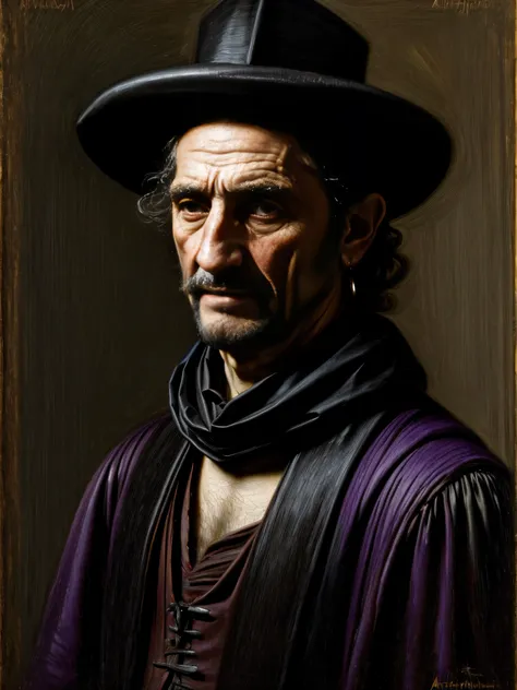 an old harry dean stanton in a conquistador outfit, sword and shield, slender almost gaunt, with shoulder length black hair, sin...