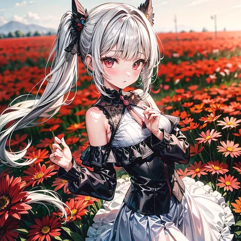 perfect fingers, perfect hands, perfect cute 1girl, embarrassing, red eyes, dull bangs, side ponytail, gray hair, bare shoulders, clothing clippings, frills, white skirt, long sleeve, shirt, shoulder cutout, From the side, teenage,anatomy, BREAK flower gar...