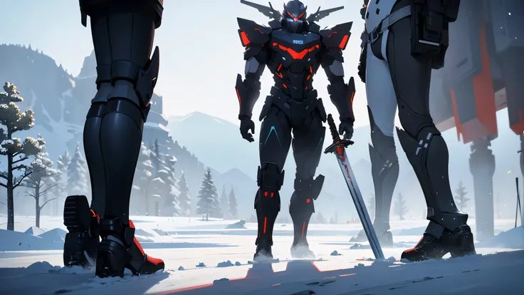 Mech, standing in the snow, (Sword , black, red), ultra-realistic, (best quality, 4k, highres, masterpiece:1.2), ultra-detailed, professional, vivid colors, studio lighting, sharp focus, physically-based rendering, HDR, UHD, extreme detail description