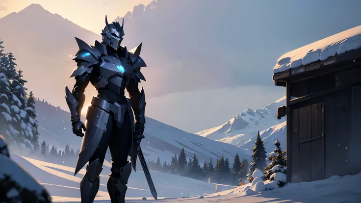 Mechknight, standing in the snow, (Sword , black), ultra-realistic, (best quality, 4k, highres, masterpiece:1.2), ultra-detailed, professional, vivid colors, studio lighting, sharp focus, physically-based rendering, HDR, UHD, extreme detail description