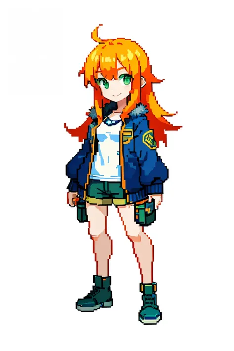 (masterpiece, top quality, best quality), pixel,pixel art, 1girl, solo, long hair, orange hair, green eyes, mercenary outfit, cargo shorts, bed hair, cowlick, navy blue short fur jacket, medium breasts, smile