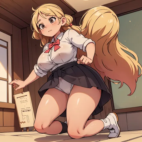 Drawing of a pudgy, buxom teen of late adolescence with rosy cheeks; brown eyes; creamy blonde hair. She is in a white dress with a prominent bow on her waist; she is wearing black dress shoes. She has muscular, toned, realistic feet and legs. Her legs are...