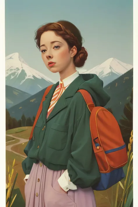 1995, massachusetts mountain village. Pre-raphaelite ((((40-year-old)) Olivia Colman)), doctor, going to work, ((((casual Clothing from the 1990s)))) ((Hairstyle of the 1990s)), ((Wes Anderson cinematic style)), colorful